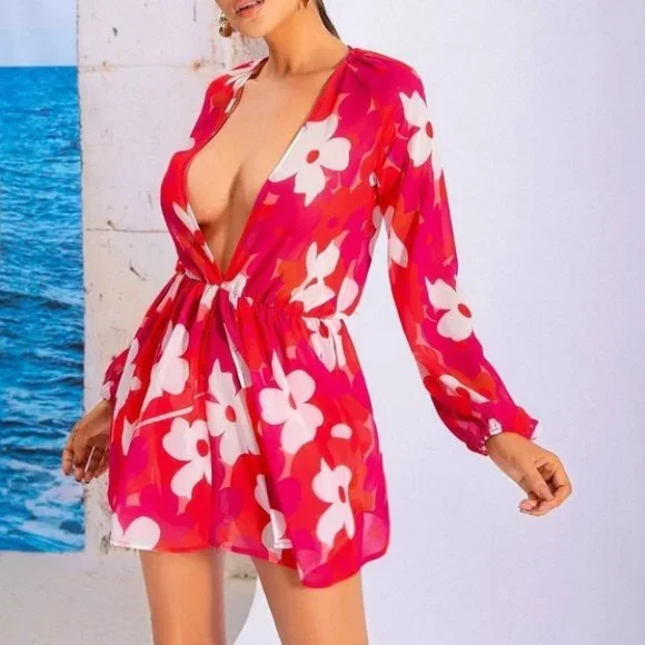 Floral Plunging Neck Lantern Sleeve Dress - Picture 4 of 5